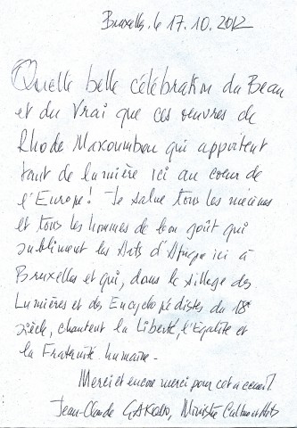 17 octobre 2012 › Dédicace écrite par le Ministre de la Culture et des Arts du Congo-Brazzaville Jean-Claude Gakosso en hommage à Rhode Makoumbou.