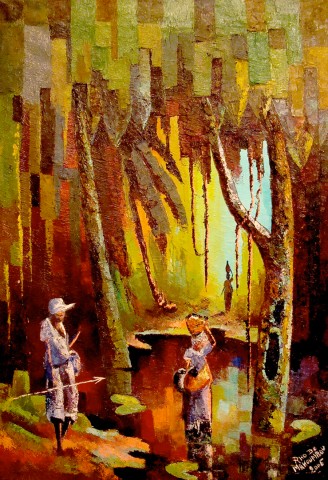 Rhode Makoumbou › Peinture : «À la sortie du marigot» • ID › 163