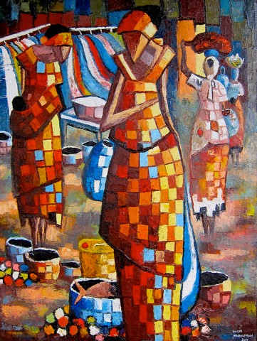 Rhode Makoumbou › Peinture : «Au marché Total» (2013)
