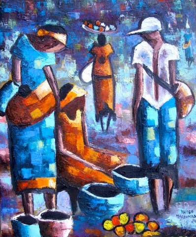 Rhode Makoumbou › Schilderij: «Discussion au marché» (2008) • ID › 169