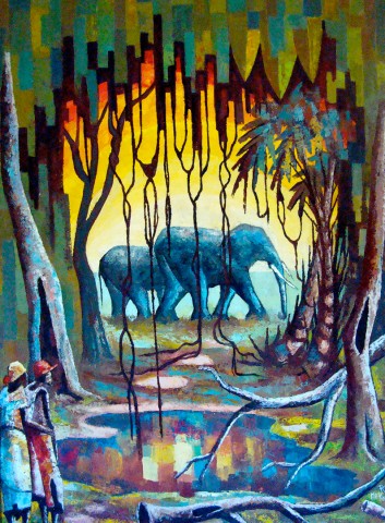 Rhode Makoumbou › Peinture : «Éléphants dans le sous-bois» (2002) • ID › 216