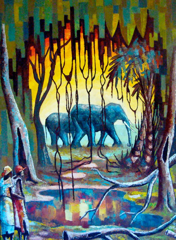 Rhode Makoumbou › Schilderij: «Éléphants dans le sous-bois» (2002)