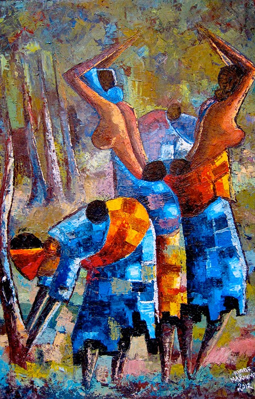 Rhode Makoumbou › Peinture : «Femmes et enfants en forêt» (2012)