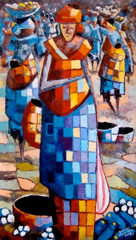 Rhode Makoumbou › Peinture : «L'acheteuse» (2008) • ID › 175