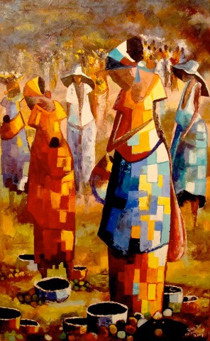 Rhode Makoumbou › Schilderij: «La place du marché» • ID › 139
