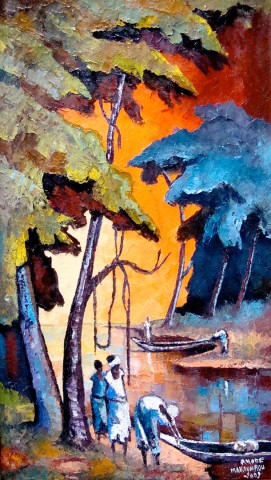 Rhode Makoumbou › Peinture : «Le départ en barque» • ID › 191