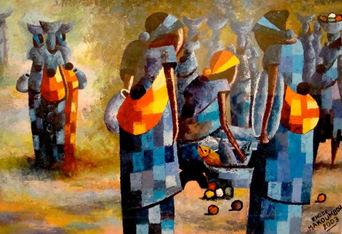 Rhode Makoumbou › Peinture : «Le marché» (2003) • ID › 93