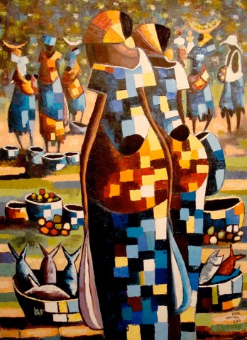 Rhode Makoumbou › Peinture : «Le marché à Brazzaville» • ID › 118