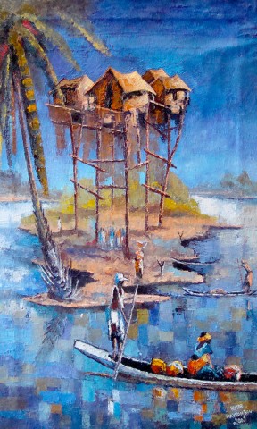 Rhode Makoumbou › Peinture : «Le village sur pilotis» • ID › 210