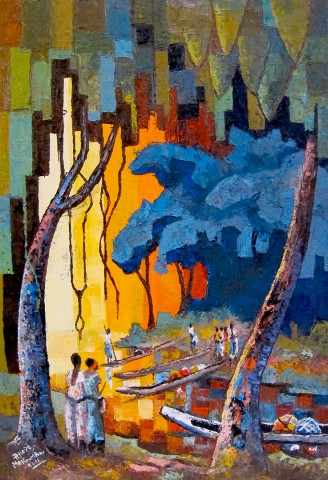 Rhode Makoumbou › Peinture : «Les barques» (2011) • ID › 277
