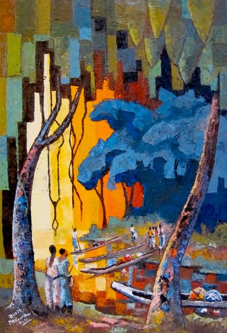 Rhode Makoumbou › Peinture : «Les barques» (2011) • ID › 277