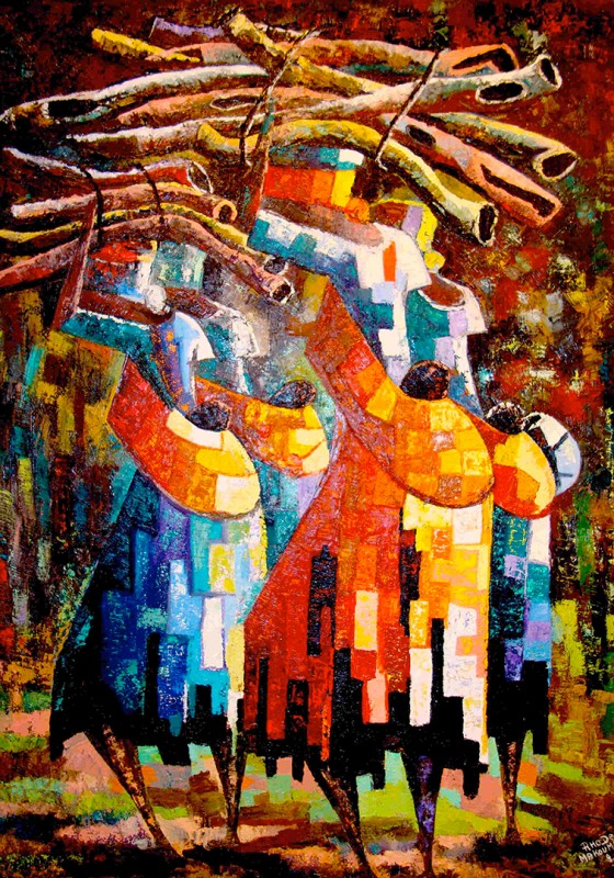 Rhode Makoumbou › Schilderij: «Les paysannes» (2002)
