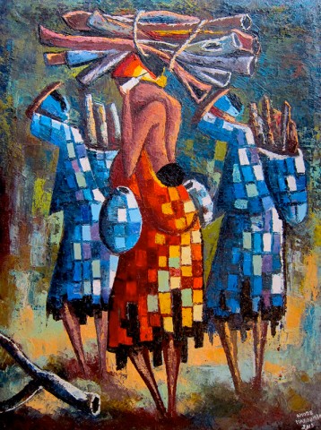 Rhode Makoumbou › Peinture : «Les porteuses de bois» • ID › 347