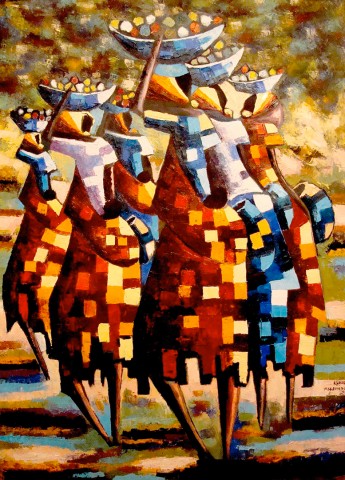 Rhode Makoumbou › Schilderij: «Les porteuses du marché (1)» (2008) • ID › 119