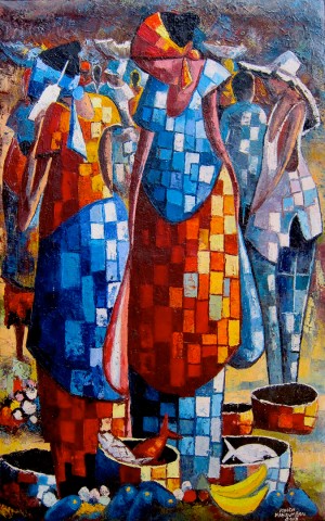 Rhode Makoumbou › Schilderij: «Les vendeuses de poissons» (2013)