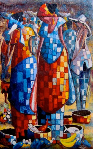 Rhode Makoumbou › Peinture : «Les vendeuses de poissons» (2013) • ID › 348