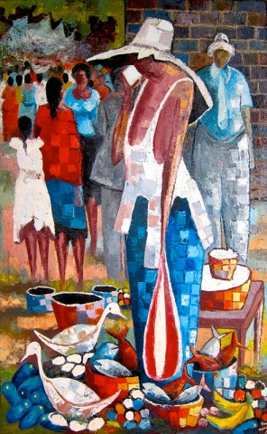 Rhode Makoumbou › Schilderij: «Marché de poissons» (2013) • ID › 371