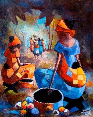 Rhode Makoumbou › Peinture : «Un coin du village» • ID › 171