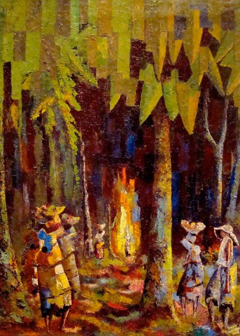 Rhode Makoumbou › Peinture : «Villageois dans la forêt» (2007) • ID › 141