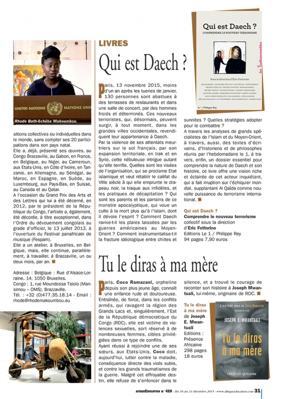 Rhode Makoumbou in «Afrique Education», tijdschrift n° 429 (ma 14 dec 2015) • Krantenknipsel 2/2