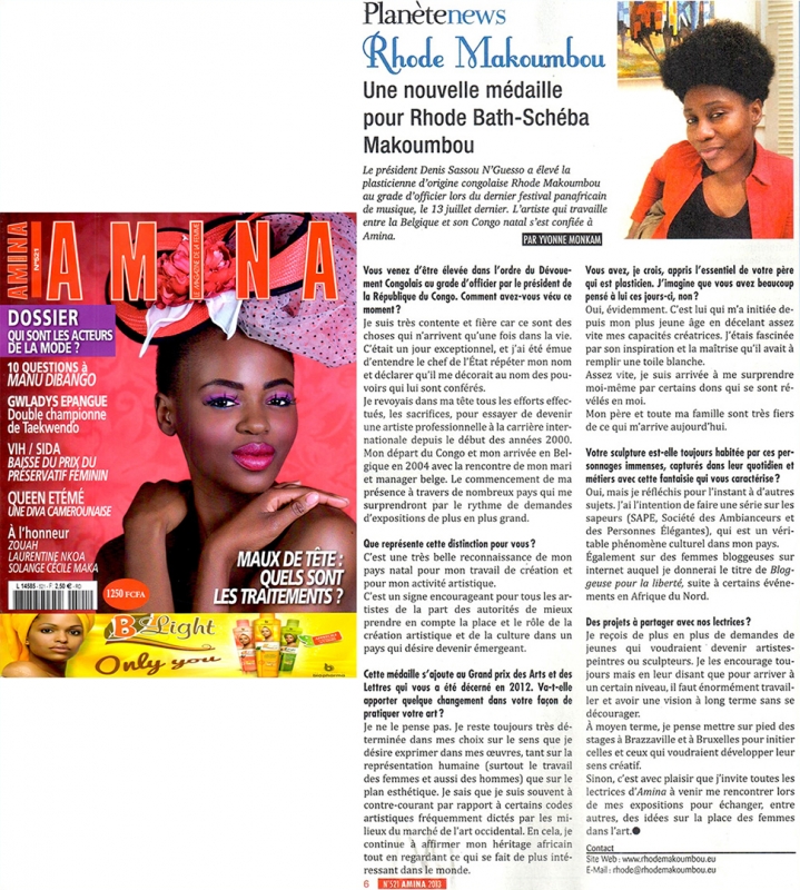 Rhode Makoumbou dans «Amina (Éd. Afrique)», magazine n° 521 (sep 2013)