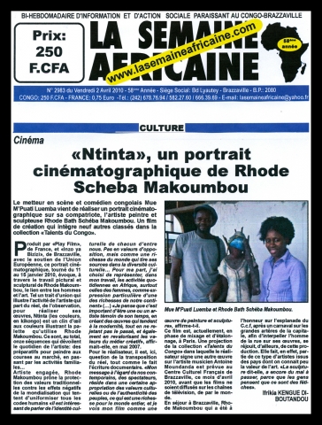 Rhode Makoumbou dans «La Semaine Africaine», journal n° 2983 (ven 02 avr 2010)
