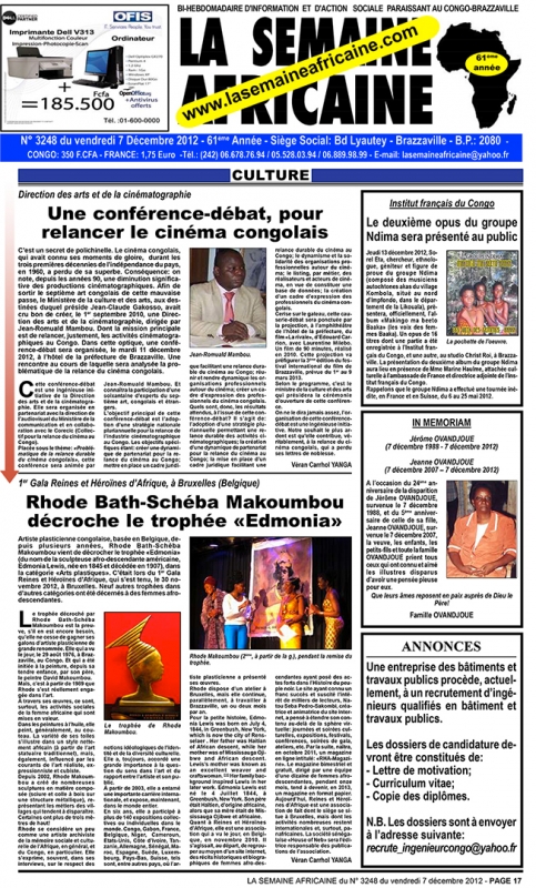 Rhode Makoumbou dans «La Semaine Africaine», journal n° 3248 (ven 07 déc 2012)