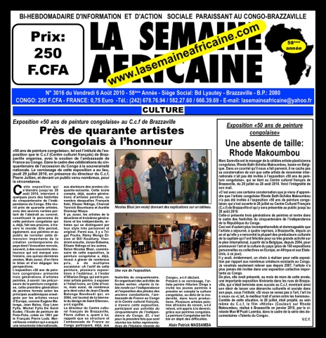 Rhode Makoumbou in «La Semaine Africaine», krant n° 3016 (vri 06 aug 2010)