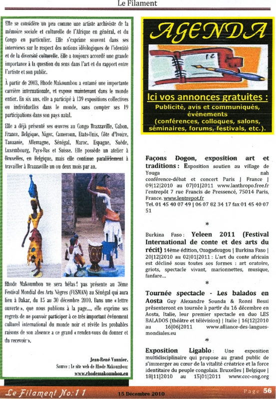 Rhode Makoumbou in «Le Filament», tijdschrift n° 11 (woe 15 dec 2010) • Krantenknipsel 2/2