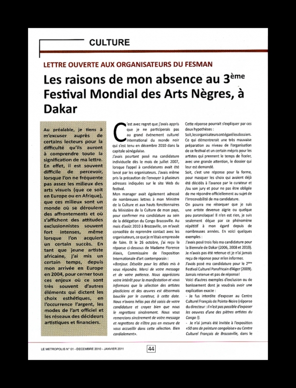 Rhode Makoumbou dans «Le metropolis», magazine n° 1 (déc 2010) • Coupure de presse 2/4