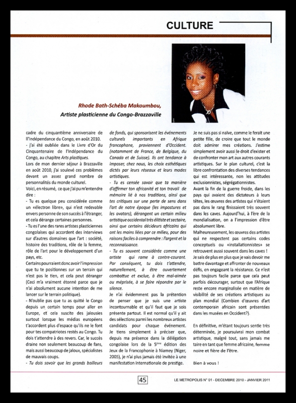 Rhode Makoumbou dans «Le metropolis», magazine n° 1 (déc 2010) • Coupure de presse 3/4