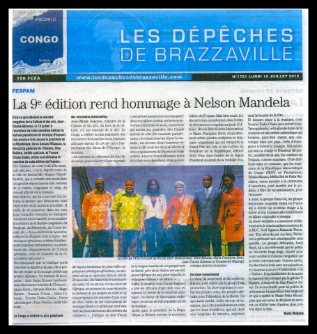 Rhode Makoumbou in «Les Dépêches de Brazzaville», krant n° 1781 (ma 15 jul 2013)