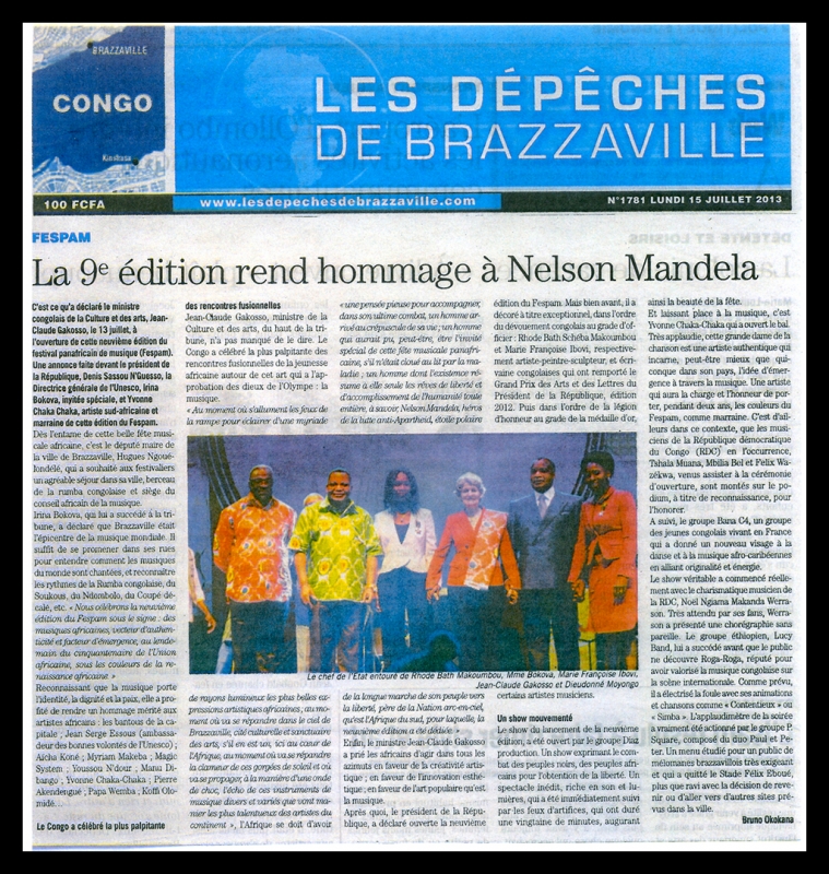 Rhode Makoumbou in «Les Dépêches de Brazzaville», krant n° 1781 (ma 15 jul 2013)