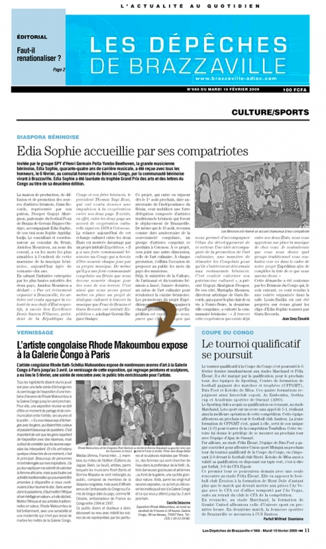 Rhode Makoumbou in «Les Dépêches de Brazzaville», krant n° 668 (di 10 feb 2009)