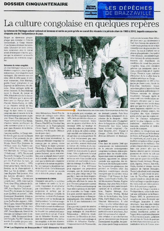 Rhode Makoumbou in «Les Dépêches de Brazzaville», krant n° 1052 (zo 15 aug 2010) • Krantenknipsel 1/2