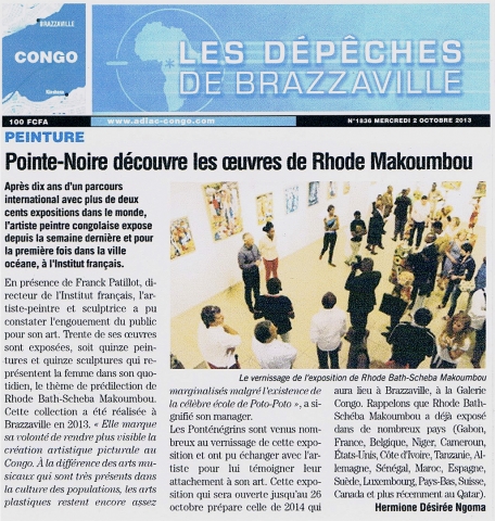 Rhode Makoumbou in «Les Dépêches de Brazzaville», krant n° 1836 (woe 02 okt 2013)