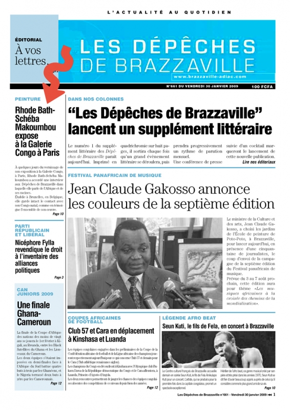 Rhode Makoumbou in «Les Dépêches de Brazzaville», krant n° 661 (vri 30 jan 2009) • Krantenknipsel 1/2