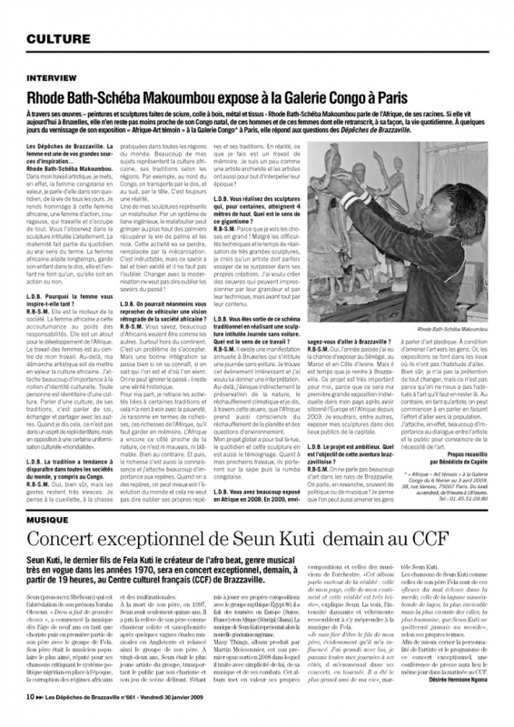 Rhode Makoumbou in «Les Dépêches de Brazzaville», krant n° 661 (vri 30 jan 2009) • Krantenknipsel 2/2