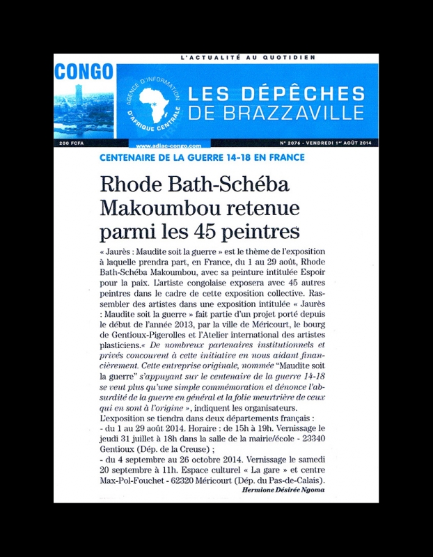 Rhode Makoumbou dans «Les Dépêches de Brazzaville», journal n° 2076 (ven 01 aoû 2014)