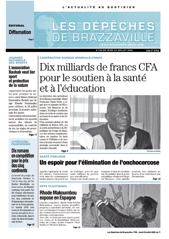 Rhode Makoumbou dans «Les Dépêches de Brazzaville», journal n° 780 (jeu 23 jui 2009) • Coupure de presse 1/2