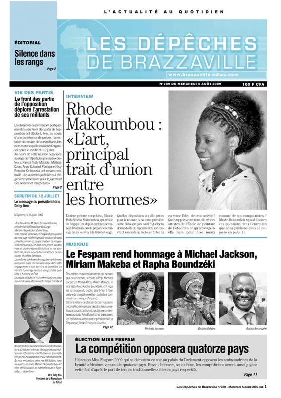 Rhode Makoumbou dans «Les Dépêches de Brazzaville», journal n° 789 (mer 05 aoû 2009) • Coupure de presse 1/2