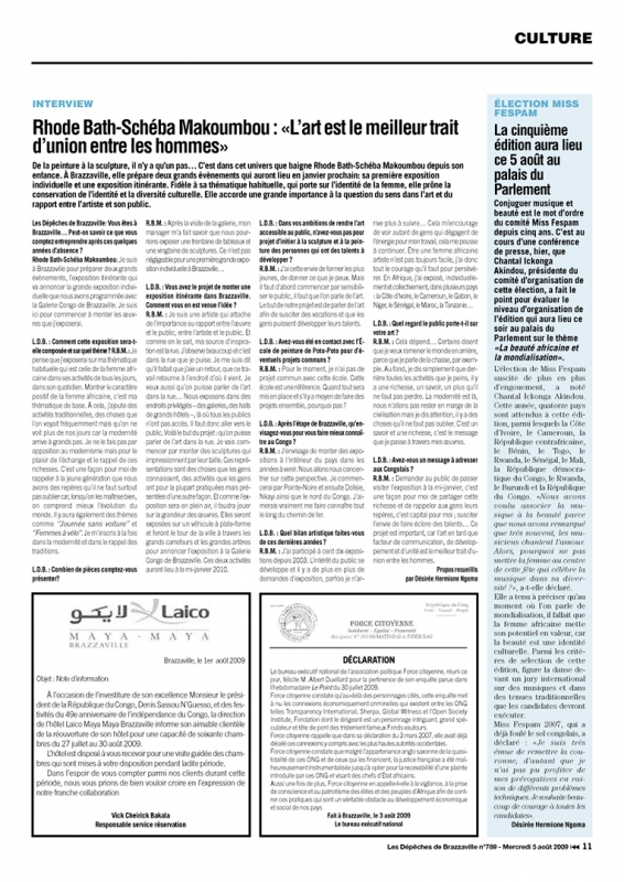 Rhode Makoumbou in «Les Dépêches de Brazzaville», krant n° 789 (woe 05 aug 2009) • Krantenknipsel 2/2