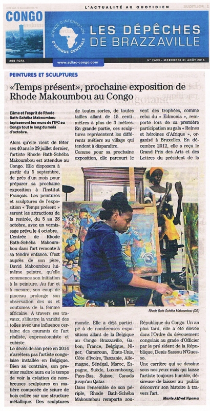 Rhode Makoumbou in «Les Dépêches de Brazzaville», krant n° 2699 (woe 31 aug 2016)