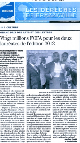 Rhode Makoumbou in «Les Dépêches de Brazzaville», krant n° 1648 (woe 02 jan 2013)
