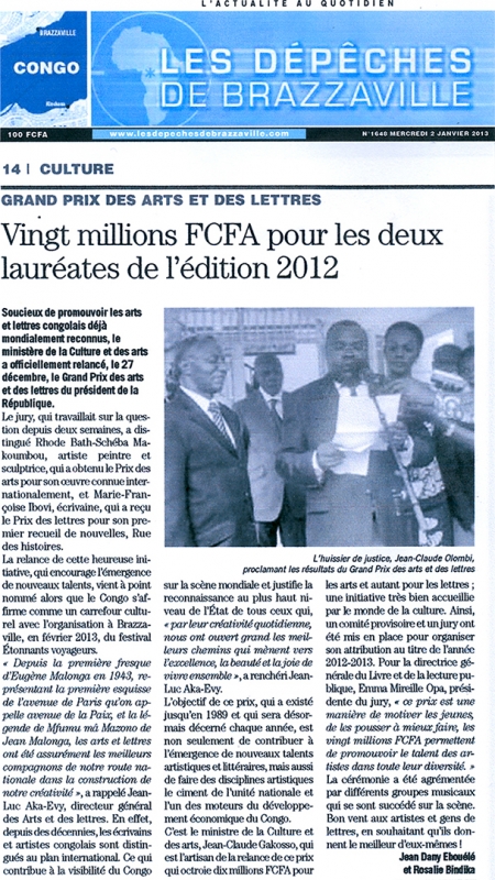 Rhode Makoumbou dans «Les Dépêches de Brazzaville», journal n° 1648 (mer 02 jan 2013)