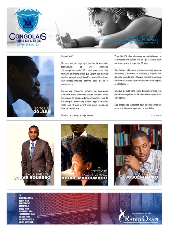 Rhode Makoumbou dans «Magazine Congolais Fiers De L'Être» (jui 2018) • Coupure de presse 1/3