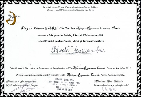04 octobre 2011 › Prix pour la Poésie, l'Art et l'Interculturalité décerné à Rhode Makoumbou.