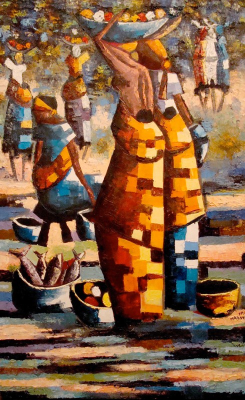 Rhode Makoumbou › Schilderij: «Arrivée au marché» (2008)