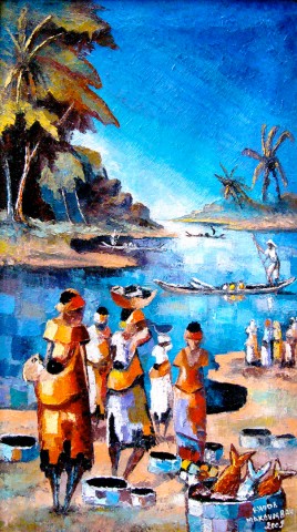 Rhode Makoumbou › Schilderij: «Au bord de la rivière» (2009)