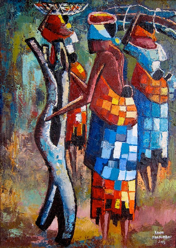 Rhode Makoumbou › Peinture : «Départ pour le village» (2013)